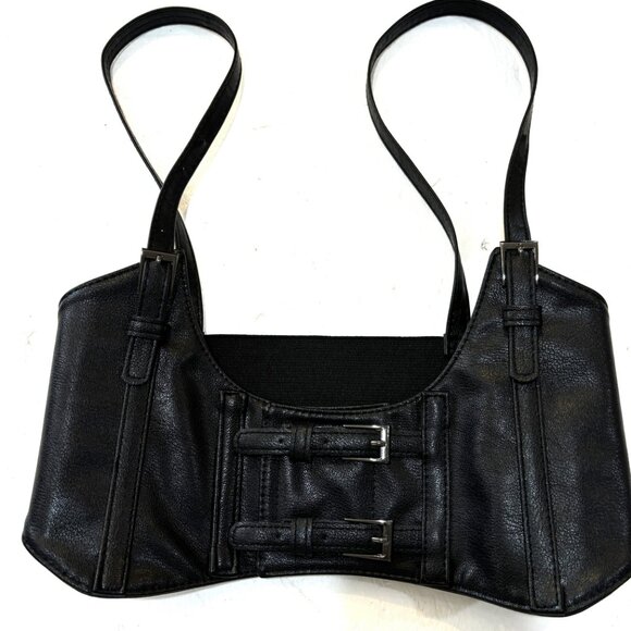 Wench Pirate Punk Goth Black Faux Leather Wide Stretch Belt w/ Straps - Picture 1 of 15